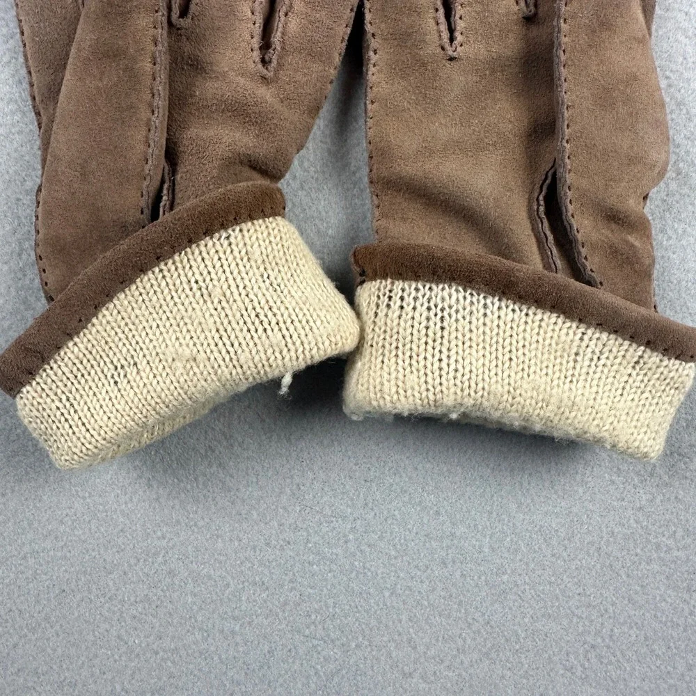 Vintage 90s Lauer Womens Brown Suede Leather Gloves Wool Cotton Knit Lined  M